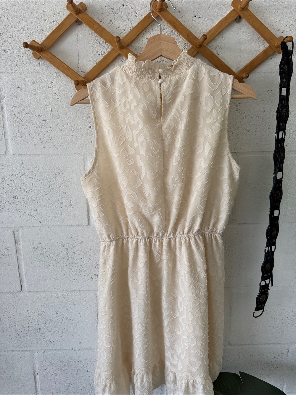 Boho Smocked Mock Neck ruffle hem mini Dress - Cream - Picture 8 of 10